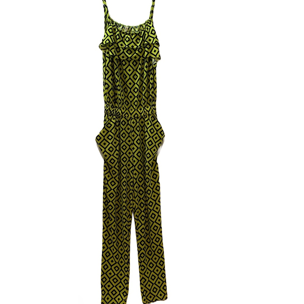 Icon Apparel Jumpsuit Size S Yellow and Navy Print Elastic Waist With Pockets